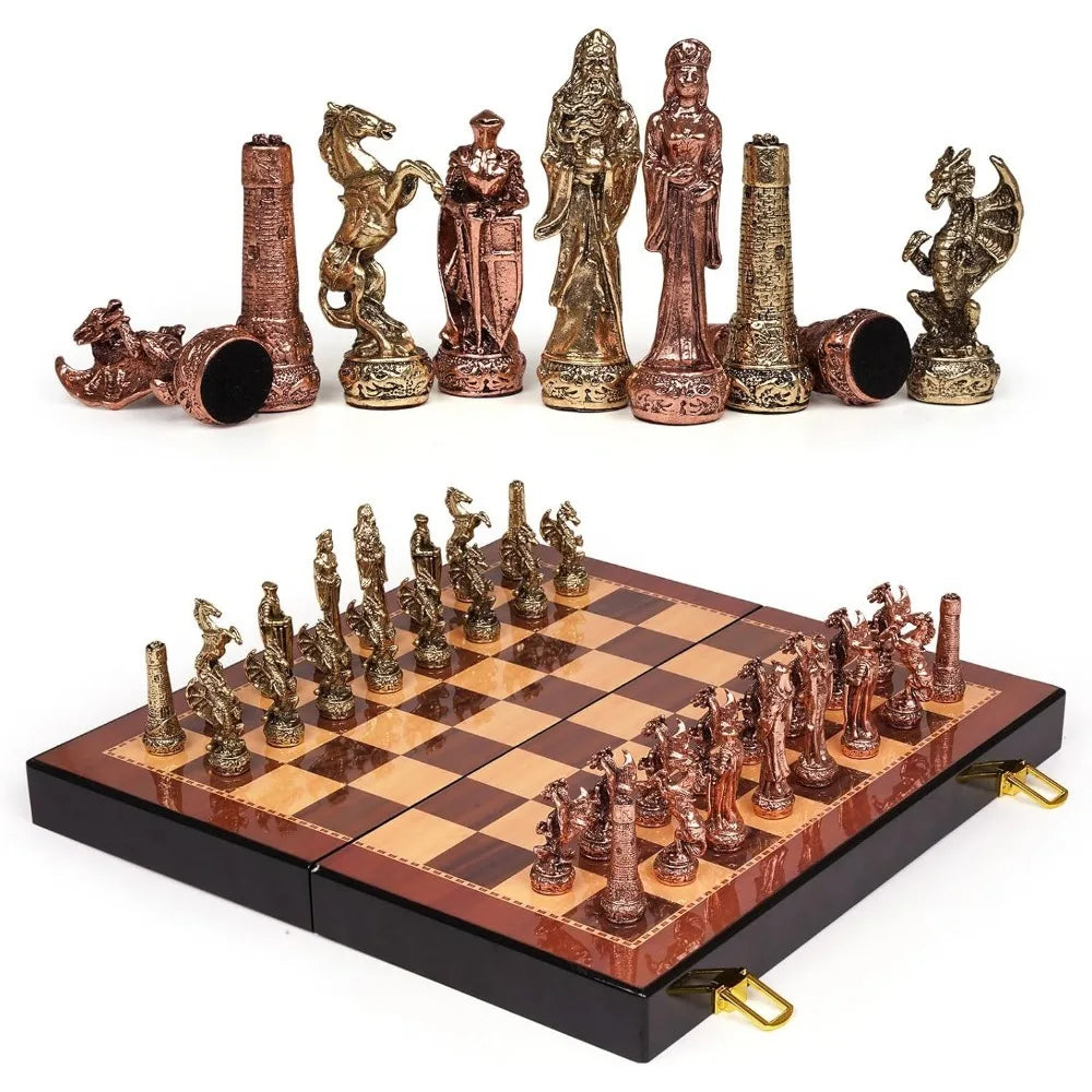 Vintage Figurine Metal Chess Set with Wooden Board