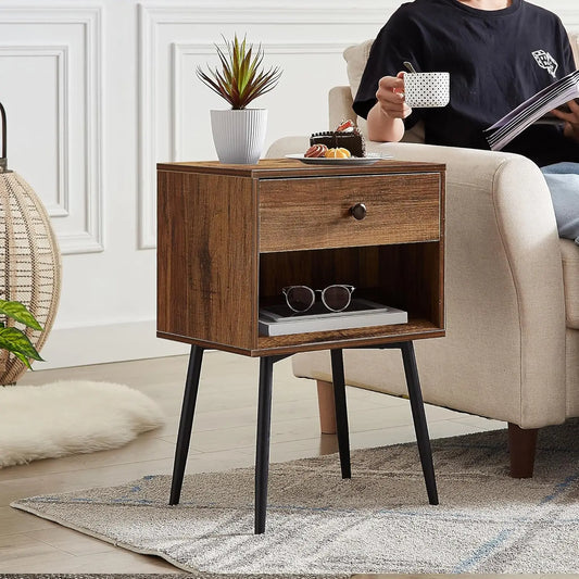 Nightstands Set of 2 Industrial 2-Tier Wood Mid Century