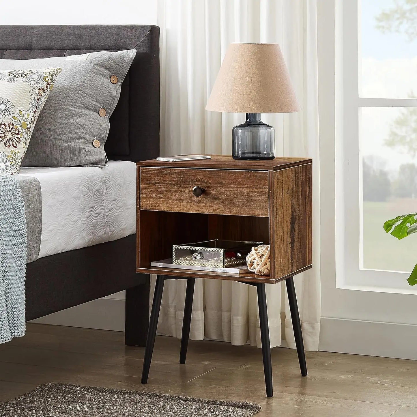 Nightstands Set of 2 Industrial 2-Tier Wood Mid Century