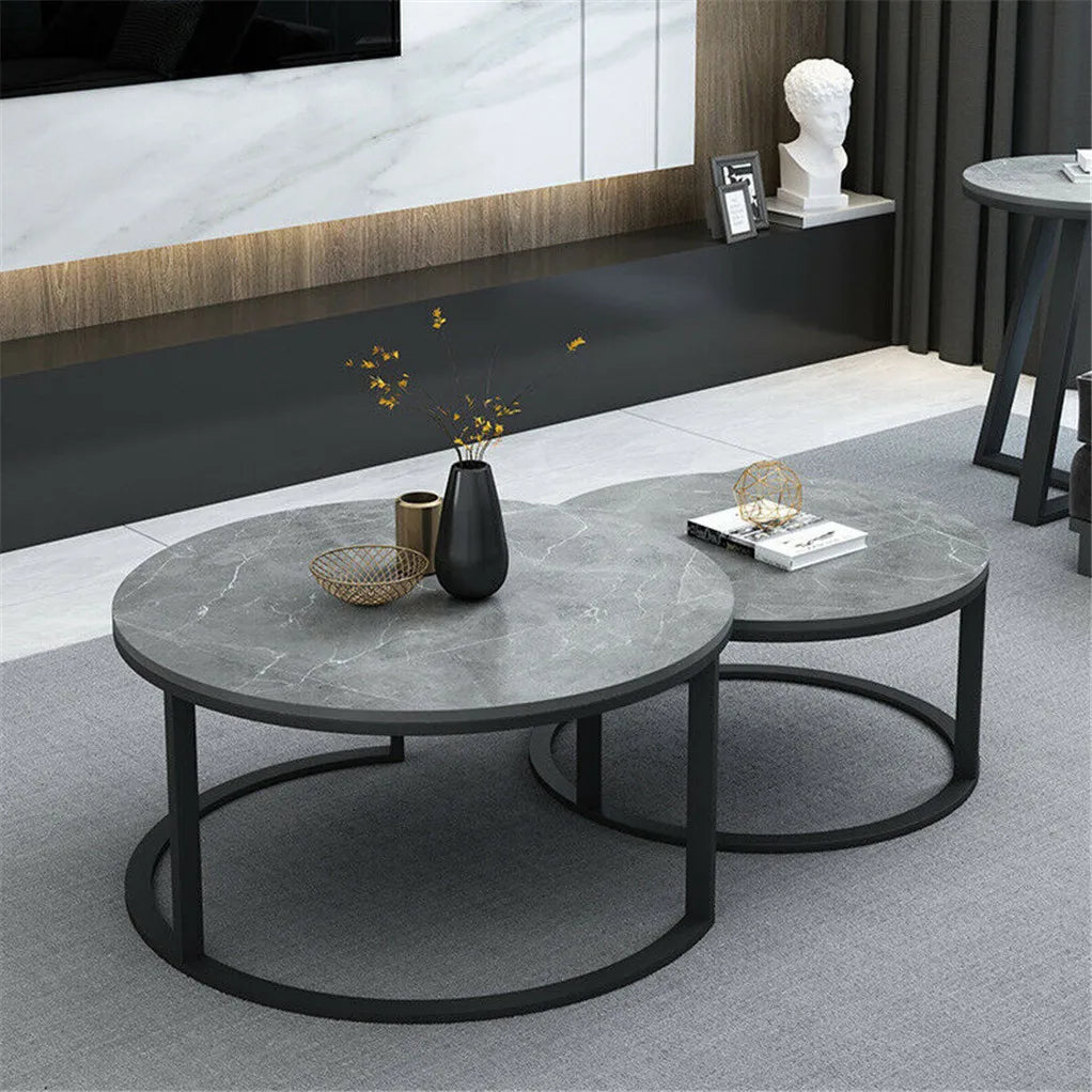 Real Marble Round Grey Coffee Table, Set of 2