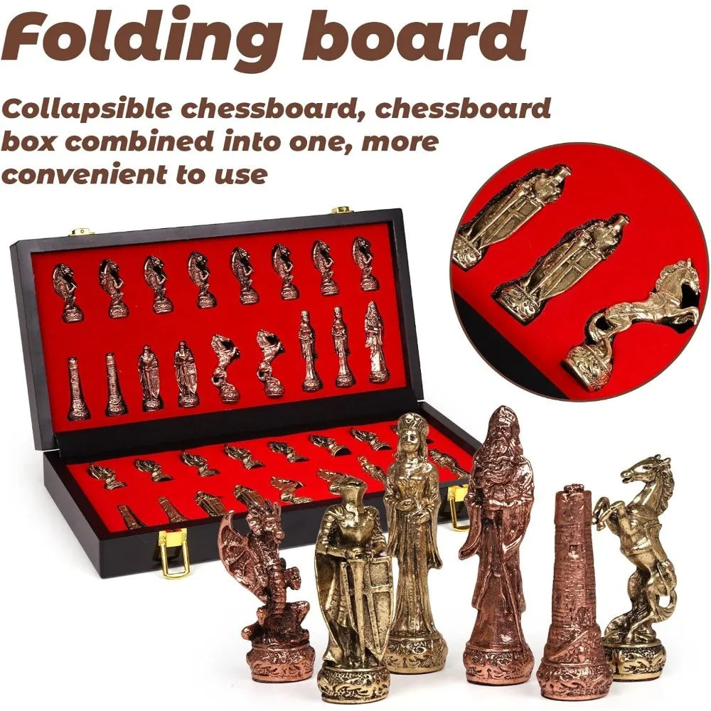 Vintage Figurine Metal Chess Set with Wooden Board