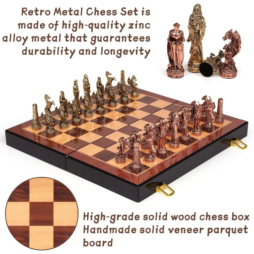 Vintage Figurine Metal Chess Set with Wooden Board