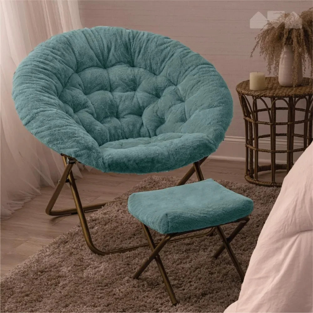 Cozy Saucer Chair with Footrest Ottoman/Faux Fur