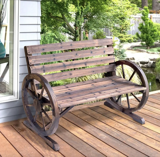 Rustic Wooden Garden Bench with Travel Wheel